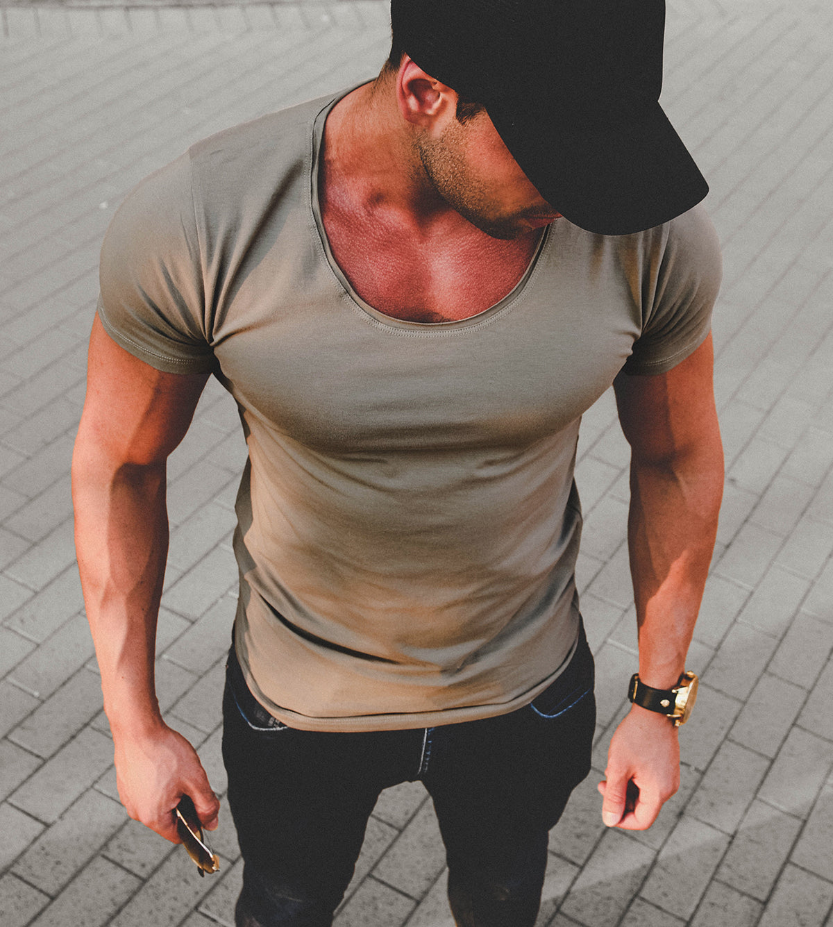 Men's Wide Neck Slim Fit T-Shirt Green Color Scoop Basic Tee | FREE SHIPPING
