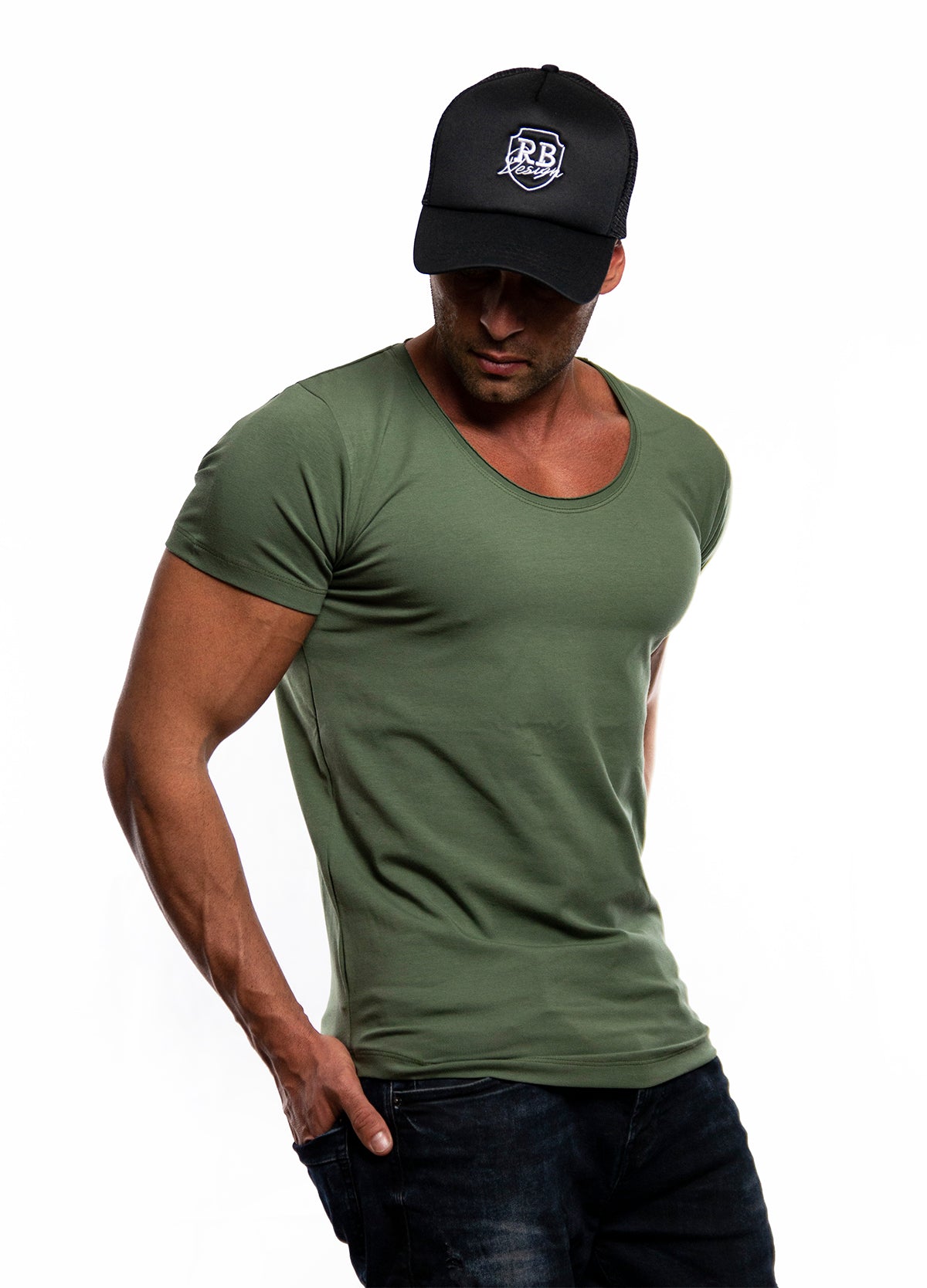 Men's Plain Army Green Scoop Neck T-shirt