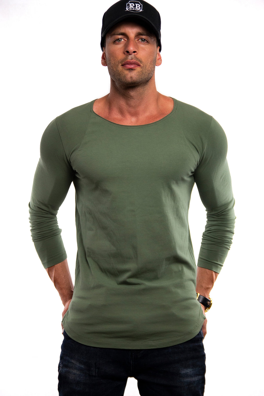 Plain Army Green Scoop Neck Long Sleeve T-shirt Khaki – RB Design Store