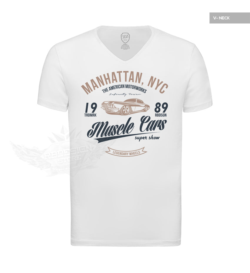 Men's Muscle Cars White Graphic T-shirt Blue/Beige MD886BB