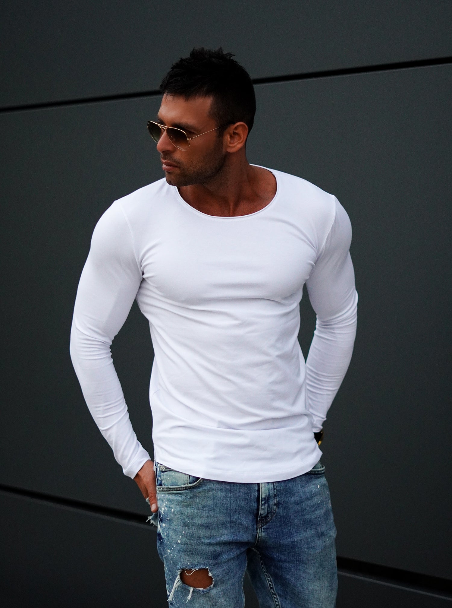 Plain White Scoop Neck Long Sleeve T shirt Fall Winter 2019 2020 RB Design Store